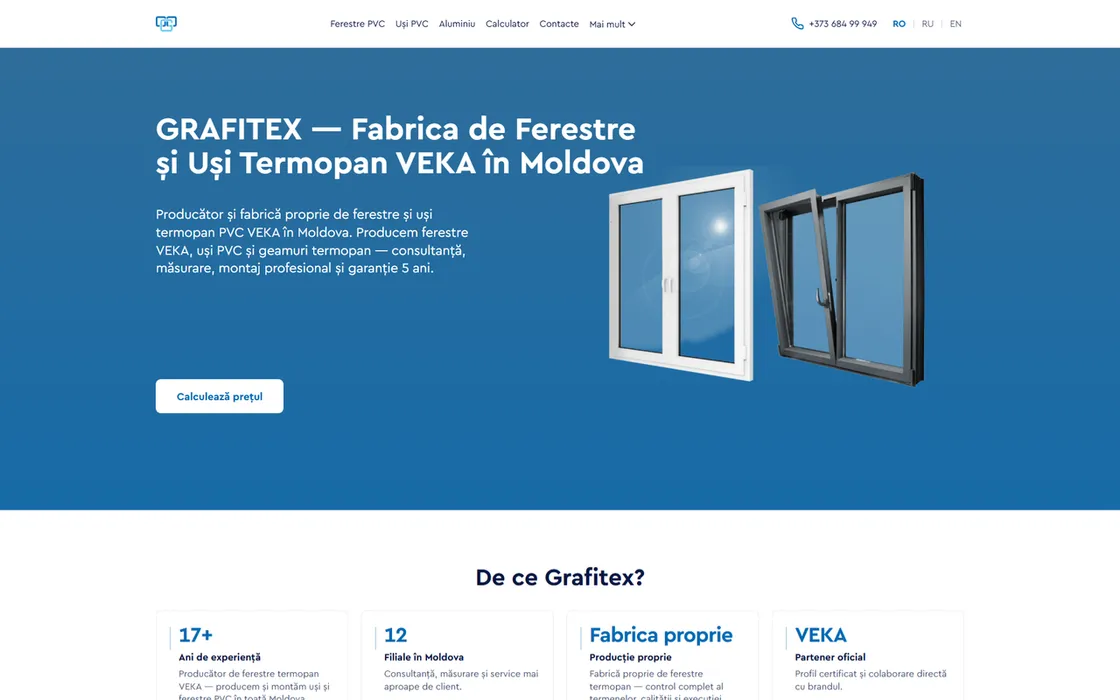 Home page of Grafitex windows and doors manufacturer website